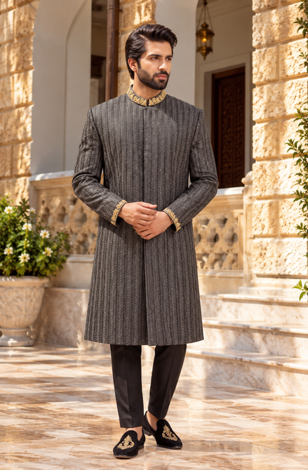 Charcoal black Embroidered Sherwani for Men | Luxury Wedding Wear
