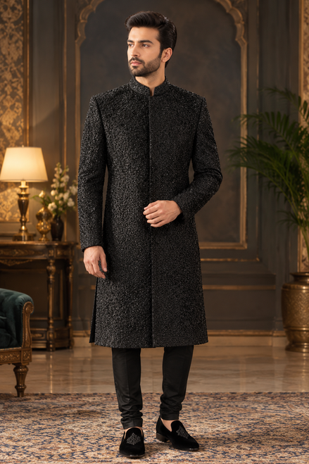 Black Embroidered Sherwani for Men | Luxury Pakistani Wedding Wear