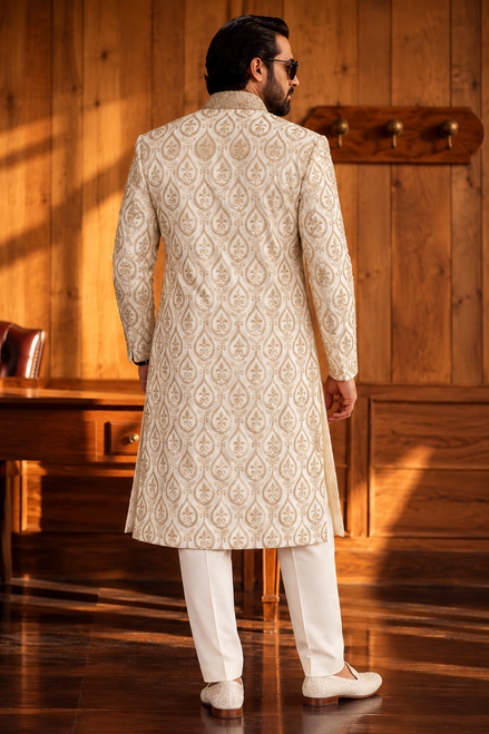 Ivory Gold Embroidered Sherwani for Men | Wedding Wear