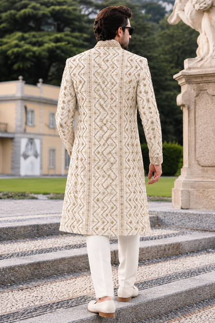 Ivory Gold Embroidered Sherwani for Men | Wedding Wear