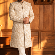 Ivory Gold Embroidered Sherwani for Men | Wedding Wear