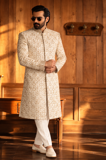 Ivory Gold Embroidered Sherwani for Men | Wedding Wear