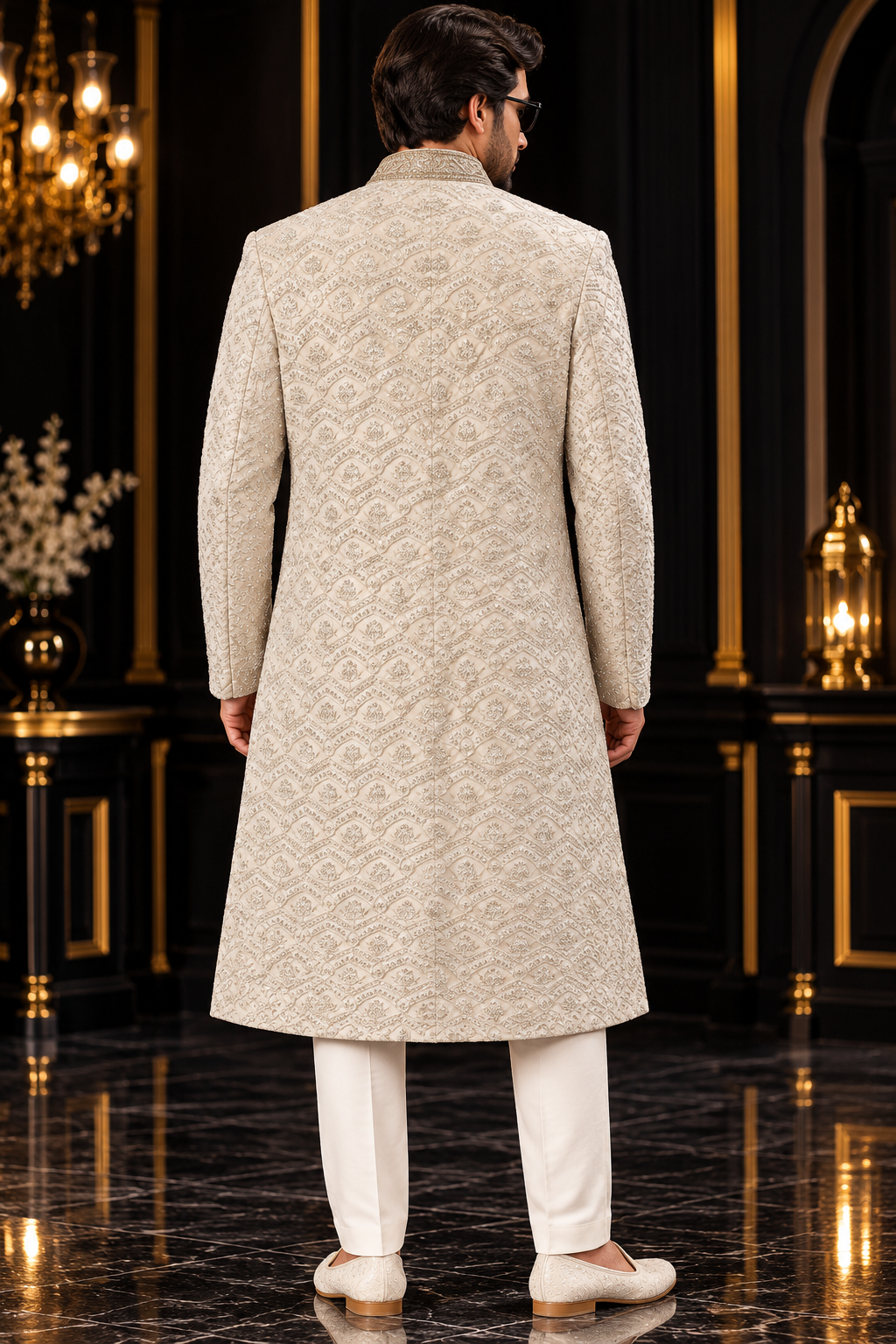 Ivory Embroidered Sherwani for Men | Wedding Wear