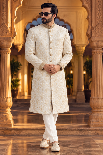 Ivory Gold Embroidered Sherwani – Premium Wedding Collection