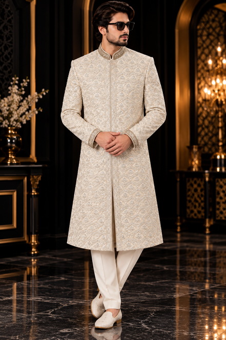 Ivory Embroidered Sherwani for Men | Wedding Wear