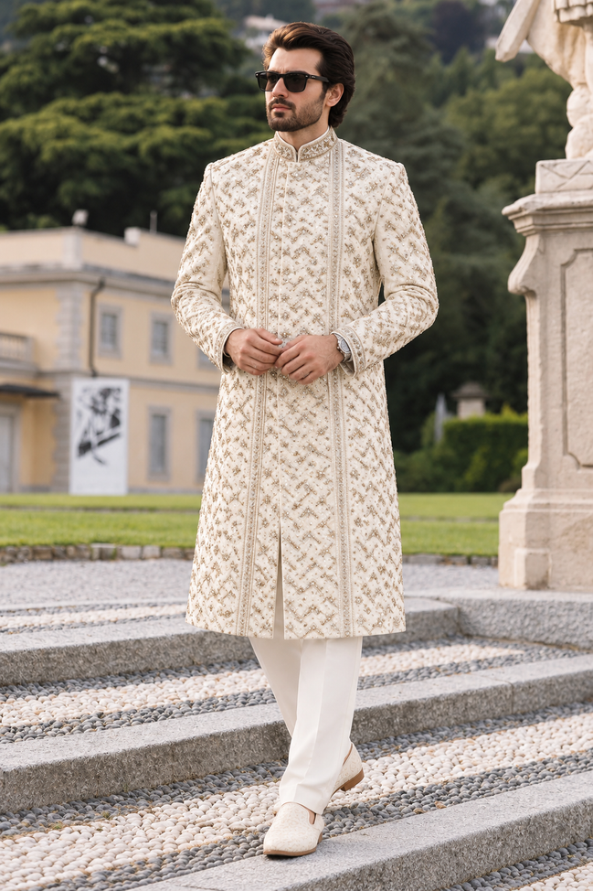 Ivory Gold Embroidered Sherwani for Men | Wedding Wear