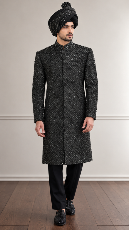 Luxury Black Embellished Sherwani with Matching Turban | Premium Wedding & Groom Wear