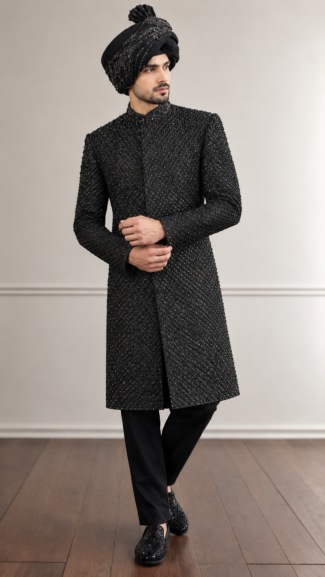 Luxury Black Embellished Sherwani with Matching Turban | Premium Wedding & Groom Wear