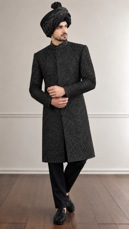 Luxury Black Embellished Sherwani with Matching Turban | Premium Wedding & Groom Wear