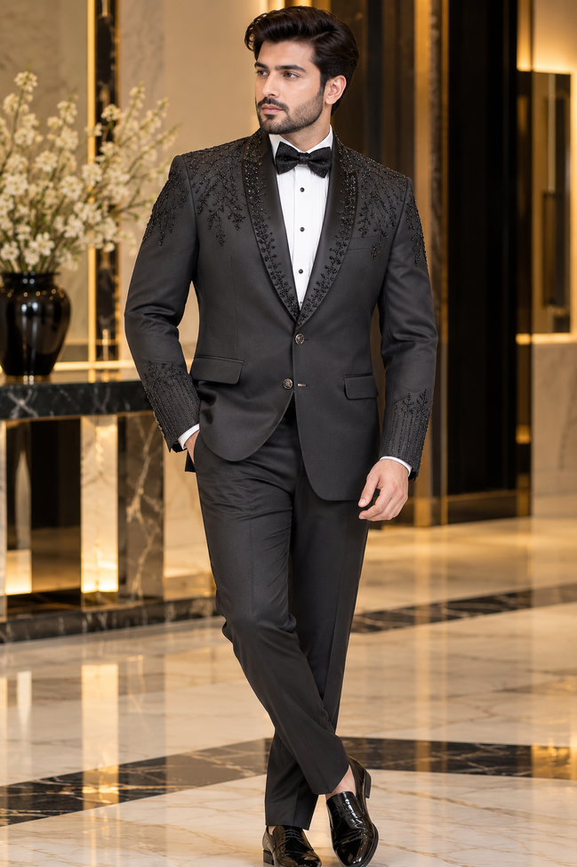 Black Embroidered Tuxedo Suit for Men | Luxury Formal & Wedding Wear
