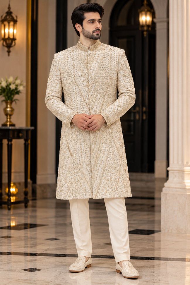 Ivory Embroidered Sherwani for Men | Luxury Wedding Sherwani