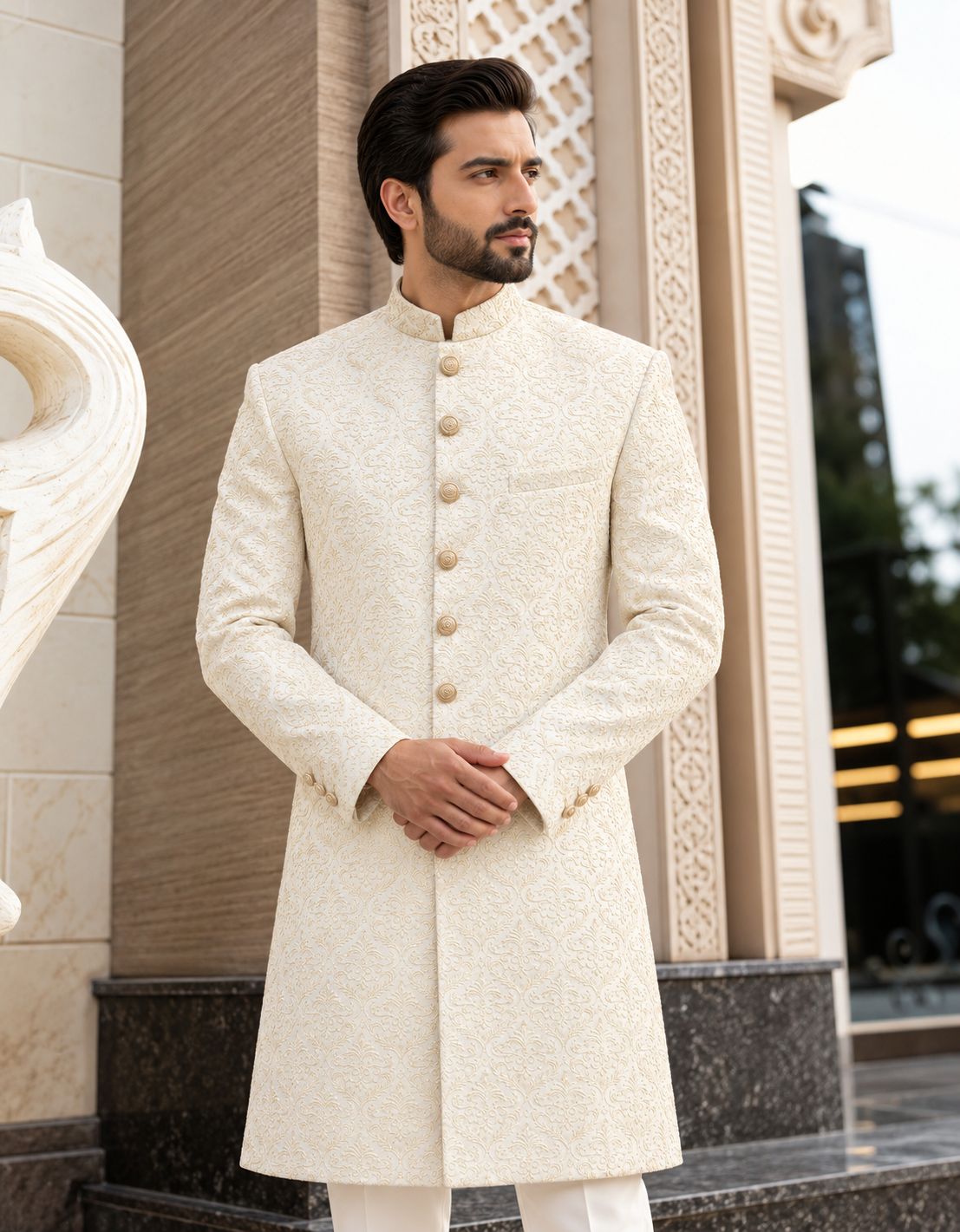 Men’s ivory embroidered sherwani with intricate damask pattern and traditional collar