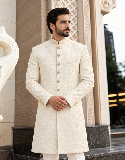 Men’s ivory embroidered sherwani with intricate damask pattern and traditional collar