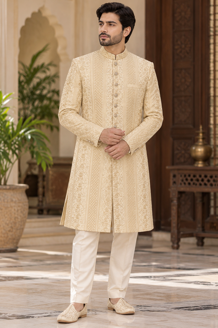 Premium Beige Embroidered Sherwani for Men | Pakistani Wedding Wear