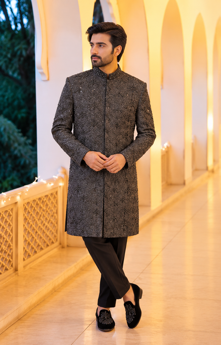 Charcoal Black Embroidered Sherwani for Men | Premium Wedding Wear
