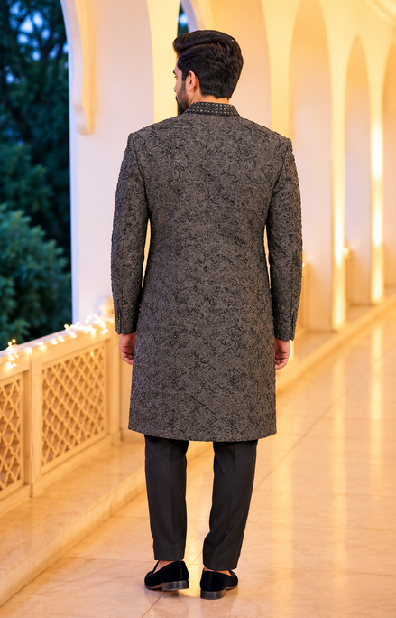 Charcoal Black Embroidered Sherwani for Men | Premium Wedding Wear