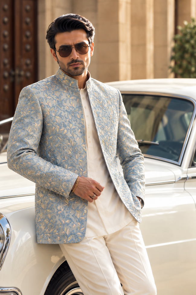 Light Blue Embroidered Prince Coat – Premium Men’s Formal Wear