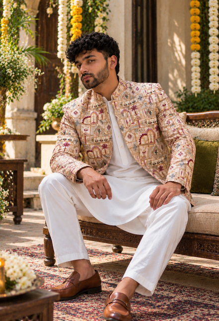 Embroidered Cream Prince Coat – Premium Men’s Ethnic Wear
