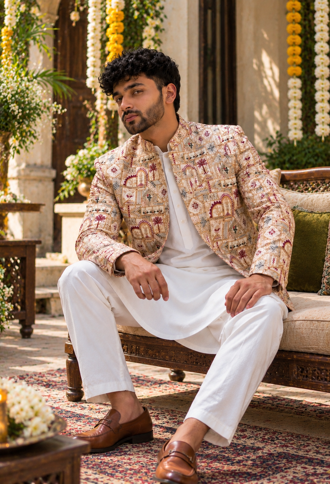 Embroidered Cream Prince Coat – Premium Men’s Ethnic Wear