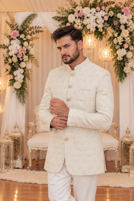 Ivory Embroidered Prince Coat – Premium Nikkah & Wedding Wear
