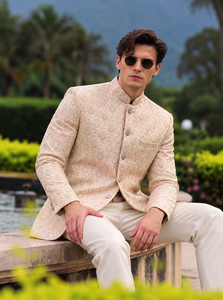 Pastel Pink Printed Prince Coat – Premium Men’s Ethnic Wear