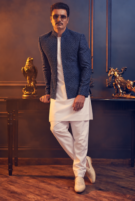 Navy Blue Embroidered Prince Coat for Men – Premium Wedding & Formal Wear