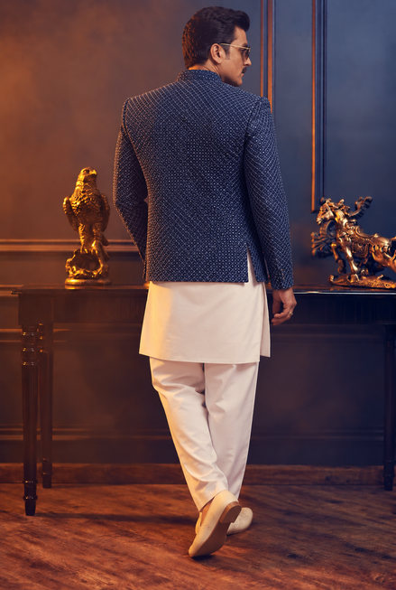 Navy Blue Embroidered Prince Coat for Men – Premium Wedding & Formal Wear