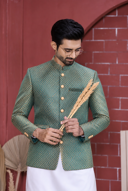 Teal Green Gold Pattern Prince Coat for Men – Wedding & Formal Wear