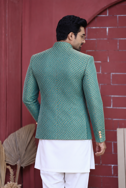 Teal Green Gold Pattern Prince Coat for Men – Wedding & Formal Wear
