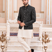 Black Embroidered Prince Coat with White Kurta Pajama – Men’s Formal Wea
