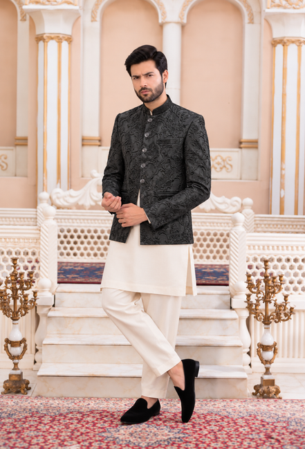 Black Embroidered Prince Coat with White Kurta Pajama – Men’s Formal Wea