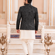 Black Embroidered Prince Coat with White Kurta Pajama – Men’s Formal Wea