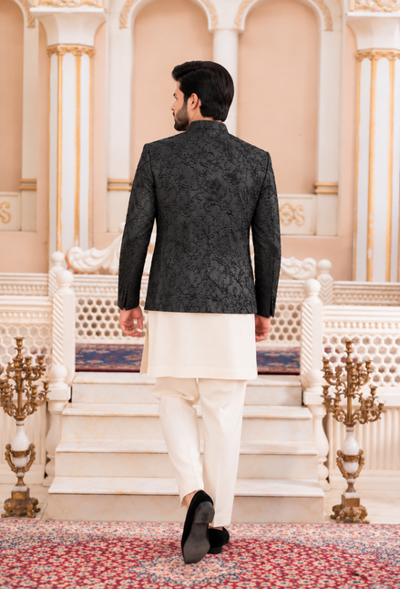 Black Embroidered Prince Coat with White Kurta Pajama – Men’s Formal Wea