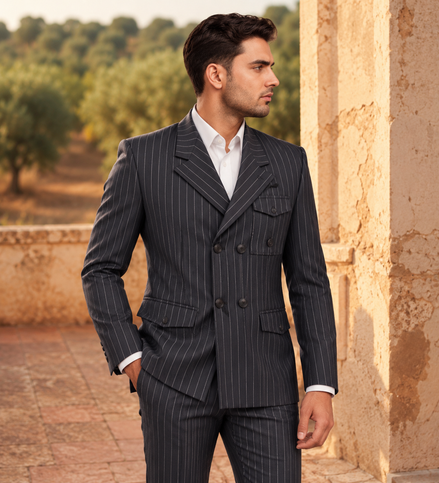 Charcoal Grey Pinstripe Double-Breasted Suit for Men
