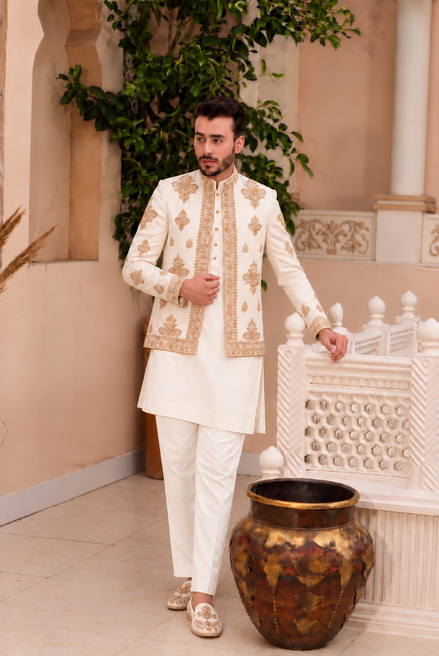 Gold Embroidered Prince Coat with Kurta Pajama for Men