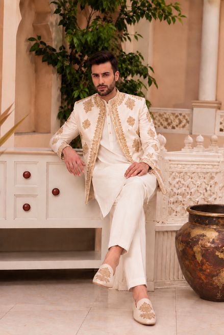 Gold Embroidered Prince Coat with Kurta Pajama for Men