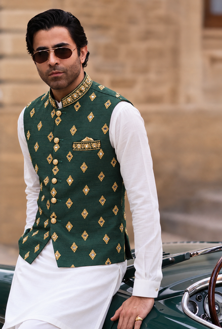 Emerald Green Embroidered Men’s Waistcoat with Gold Detailing