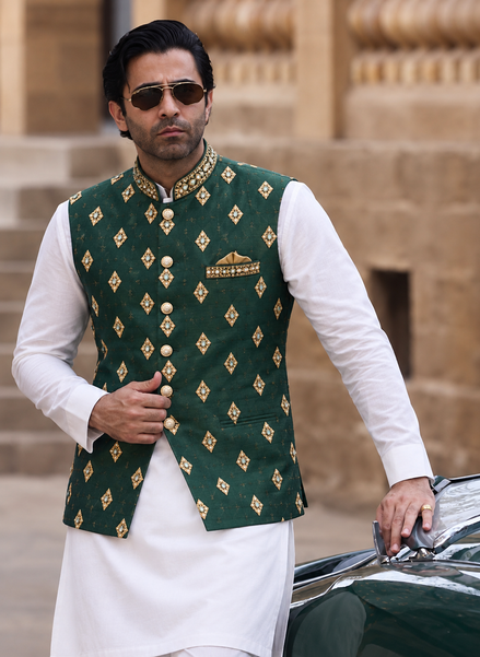 Emerald Green Embroidered Men’s Waistcoat with Gold Detailing
