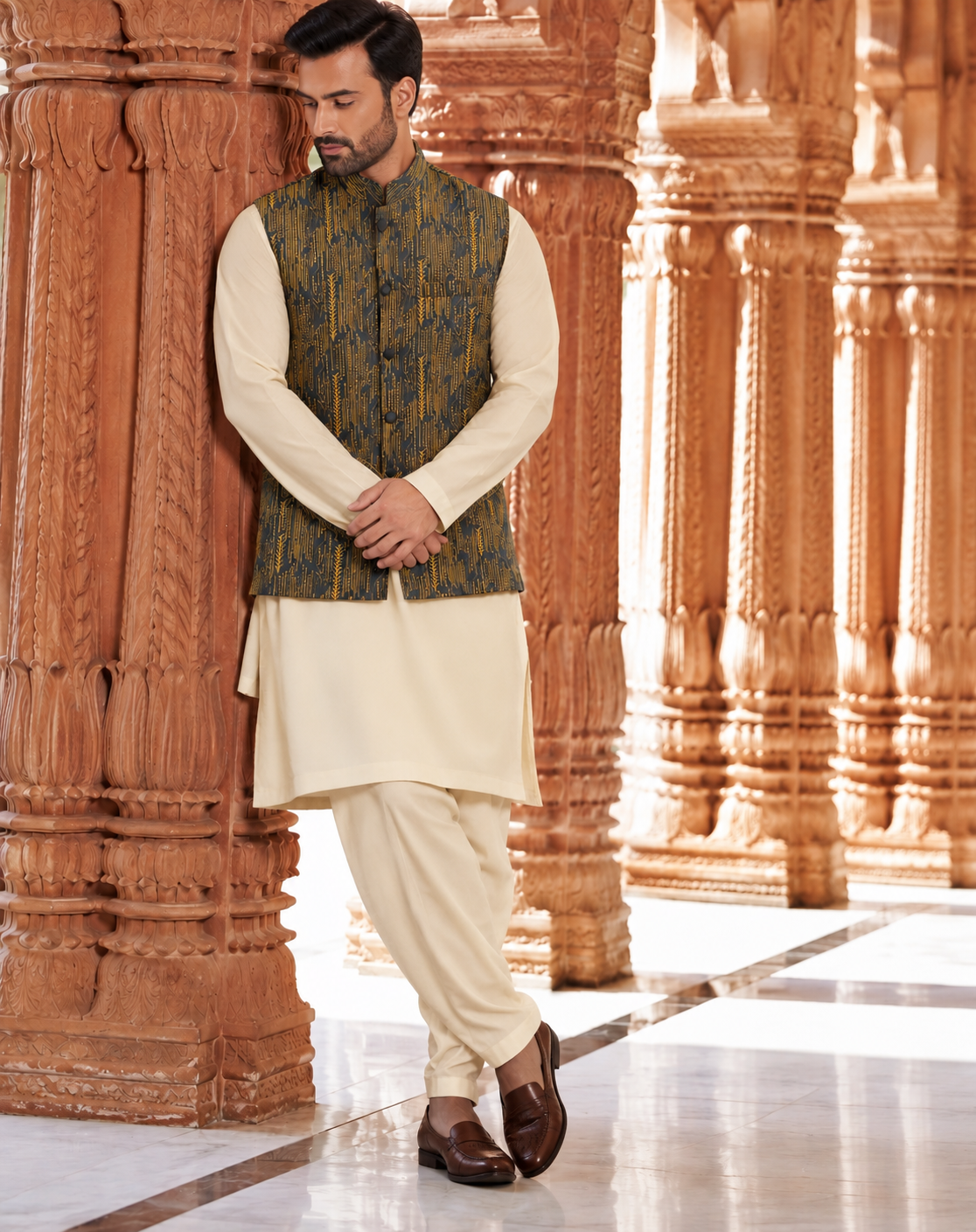Premium Mustard Gold Embroidered Waistcoat