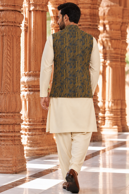 Premium Mustard Gold Embroidered Waistcoat