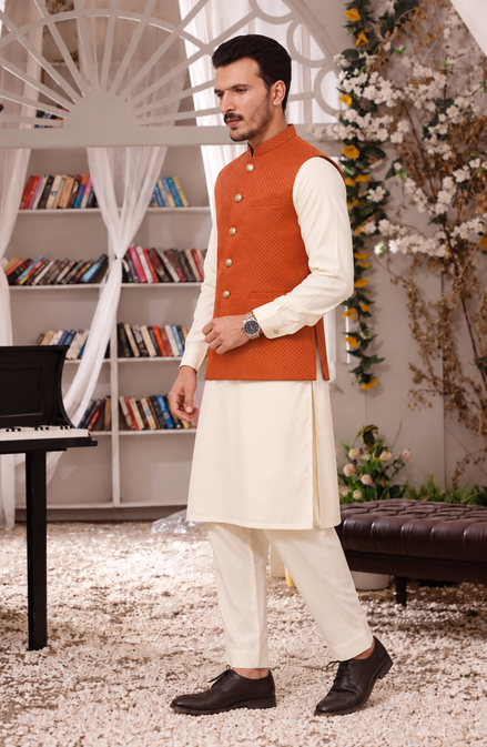 Men’s Rust Orange Jacquard Waistcoat with Gold Buttons – Premium Ethnic Wear