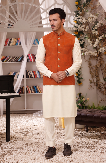 Men’s Rust Orange Jacquard Waistcoat with Gold Buttons – Premium Ethnic Wear