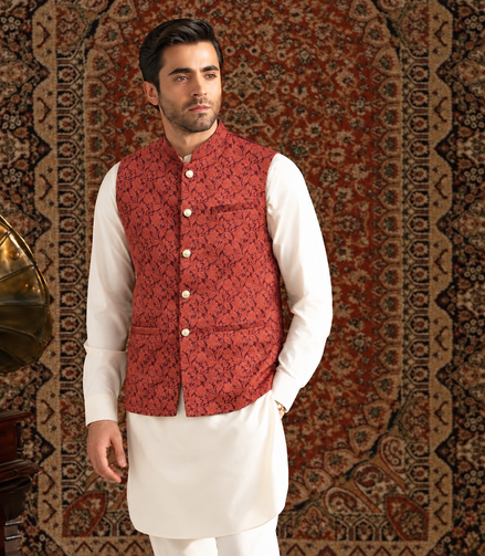 Men’s Rust Maroon Floral Jacquard Waistcoat – Premium Wedding & Festive Wear