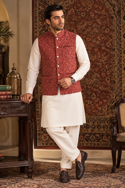Men’s Rust Maroon Floral Jacquard Waistcoat – Premium Wedding & Festive Wear