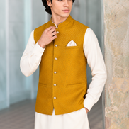 Men’s Mustard Gold Jacquard Waistcoat with White Pocket Square
