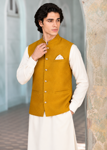 Men’s Mustard Gold Jacquard Waistcoat with White Pocket Square