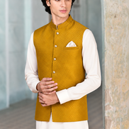 Men’s Mustard Gold Jacquard Waistcoat with White Pocket Square