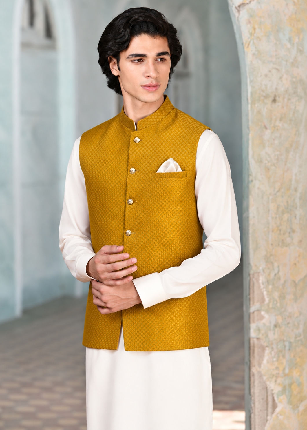 Men’s Mustard Gold Jacquard Waistcoat with White Pocket Square