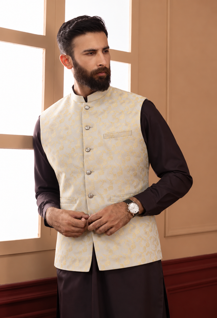 Premium Cream & Gold Floral Waistcoat