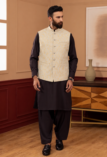 Premium Cream & Gold Floral Waistcoat